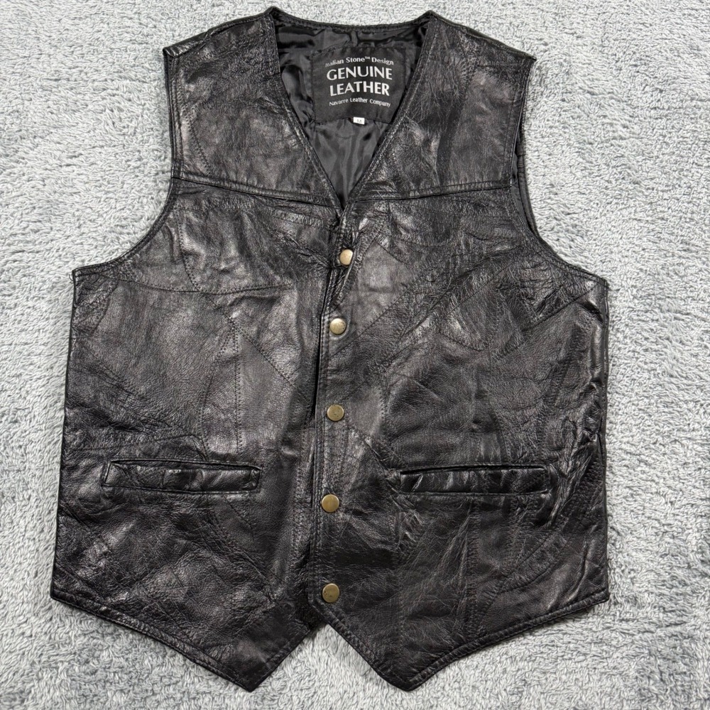 Vintage Italian Stone Design Mens Black Genuine Leather Biker Vest Medium Comboy